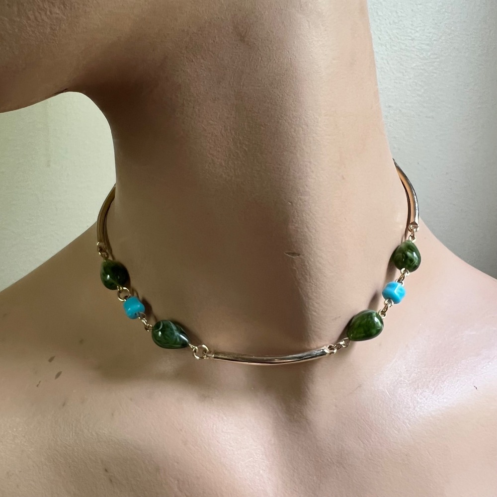 Sarah Coventry Bead Bar Choker 16" Green Gold EX